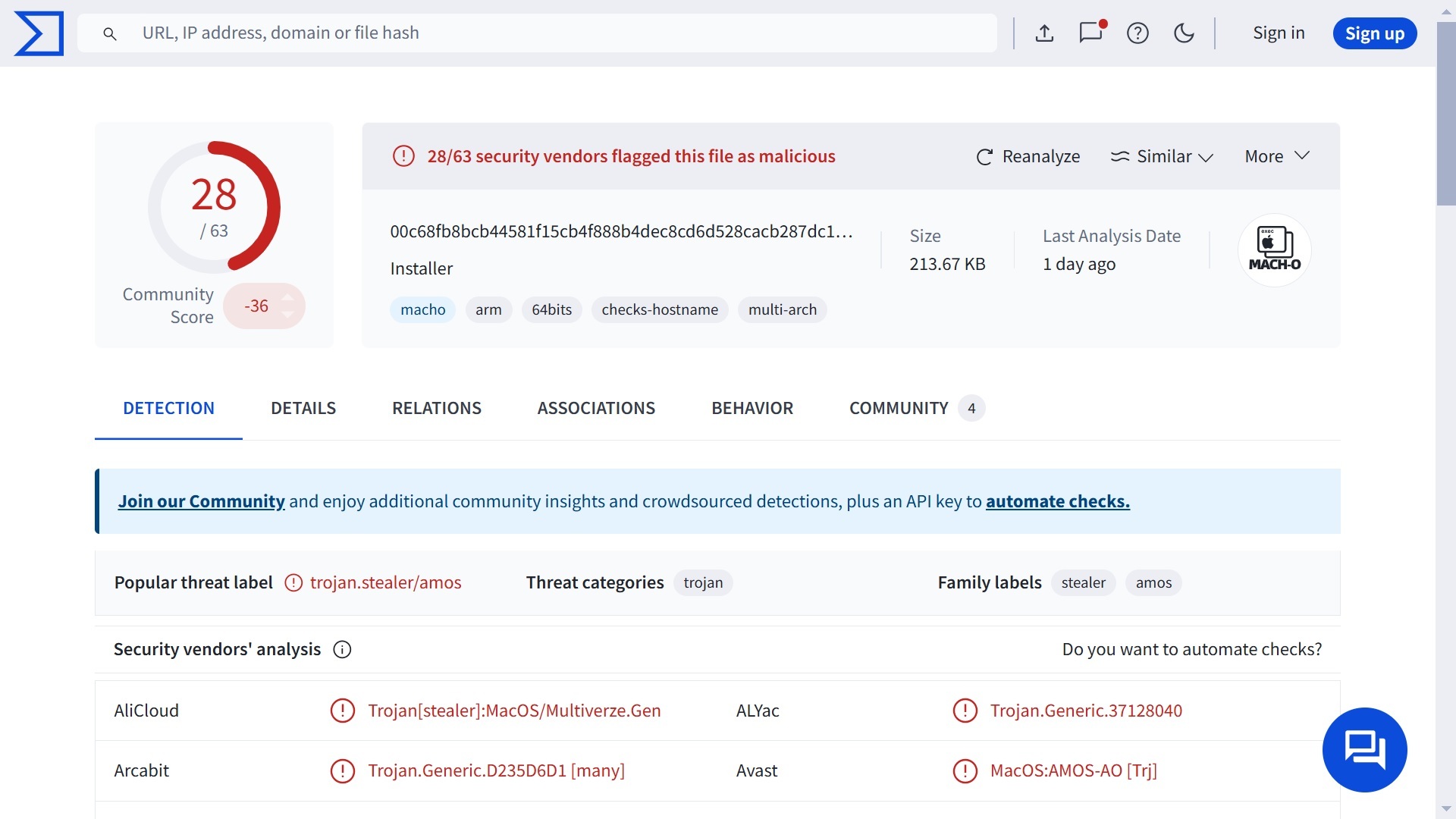 Moonlock ran one of the versions of the new Banshee through Virus Total. We found only 28 out of 63 flagged the hash.