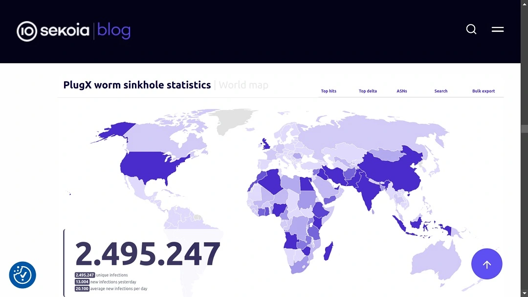 A 2023 global map released by Sekoia showing the widespread infection of PlugX malware.