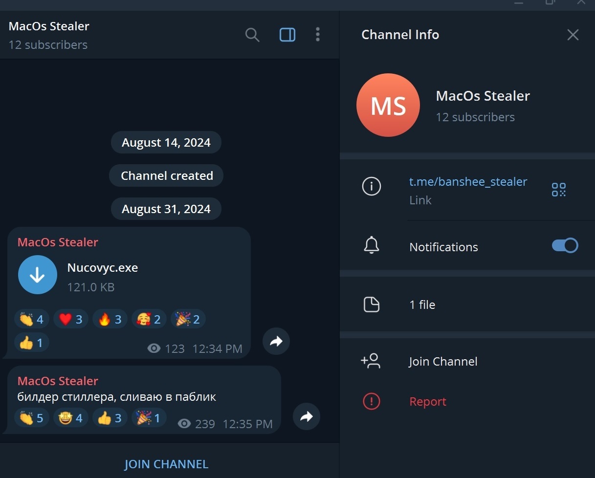 Screenshot of the original and still active Banshee Telegram channel.