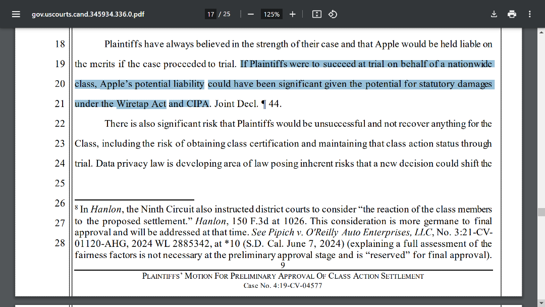 Screenshot of a the court-filed agreement that highlights how expensive it could be for Apple to go to court and lose.