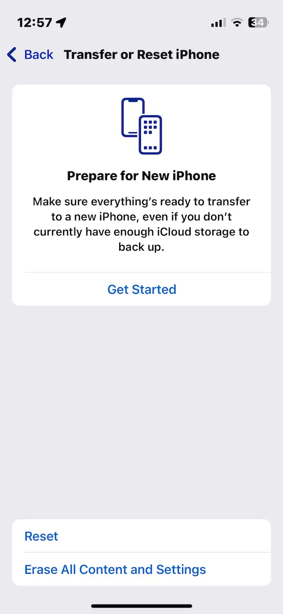 A screenshot of the Transfer or Reset iPhone screen in OS.