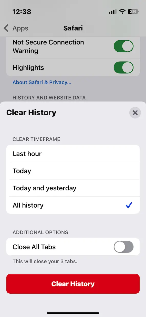 A screenshot of the Clear History page in Safari's iOS settings.