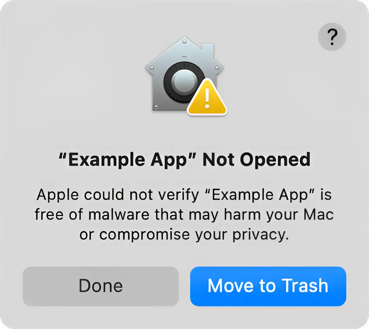 A screenshot of the “macOS cannot verify that this app is free from malware” error on Mac.