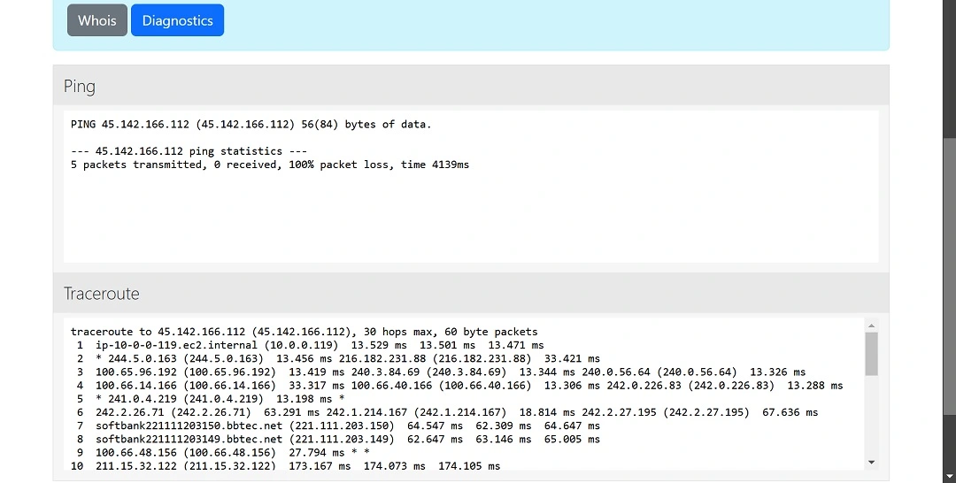 A screenshot of diagnostics tests of the PlugX global IP.