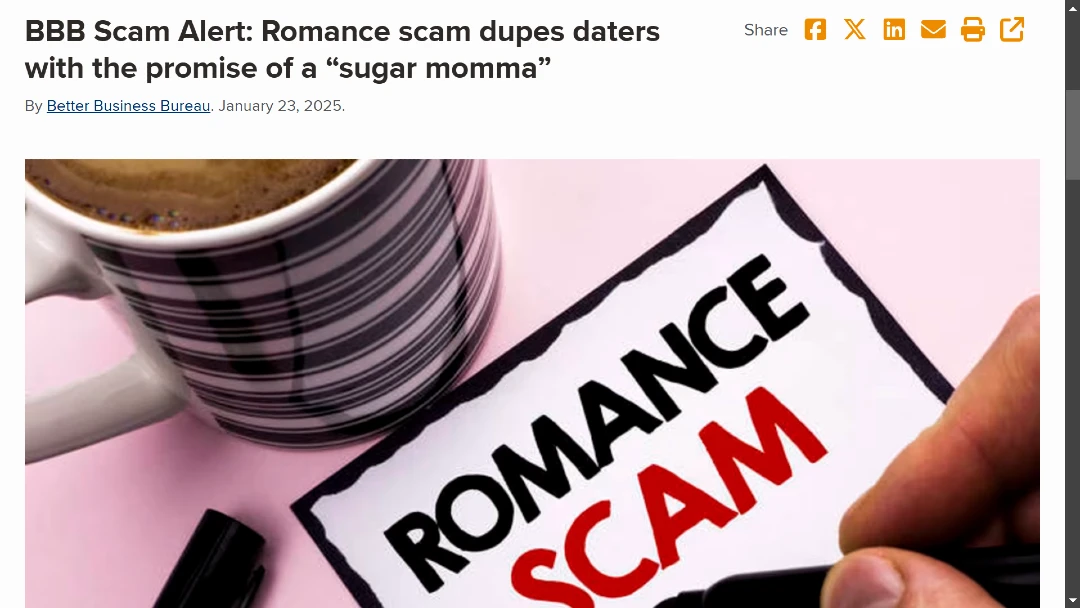 Screenshot of the BBB romance scam 2025 warning for Valentine's.