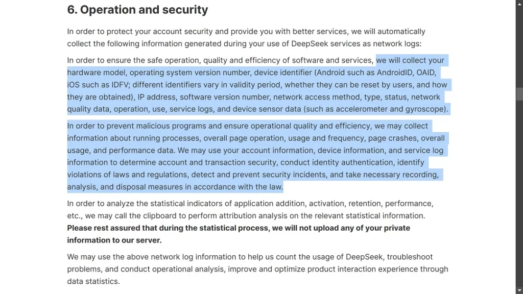 A screenshot of the DeepSeek Privacy Policy section.