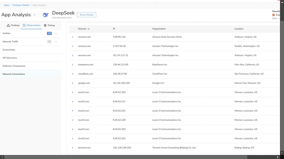 Screenshot of NowSecure DeepSeek iOS app analysis.