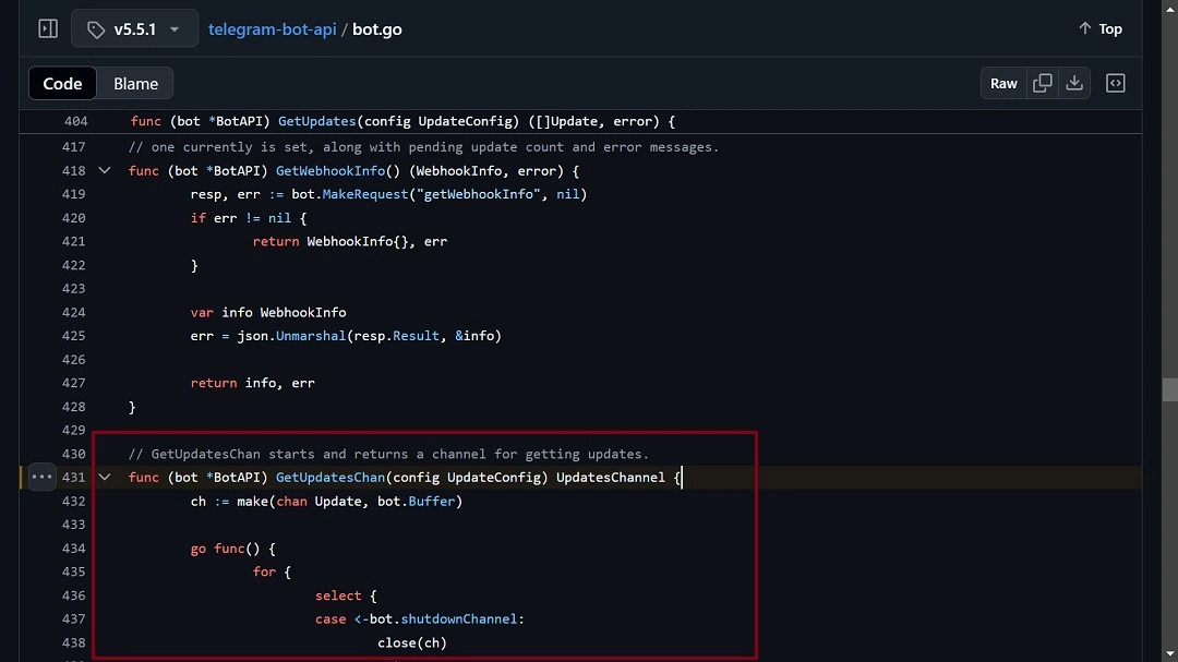 A screenshot of the Go code function GetUpdatesChan, which creates a channel.