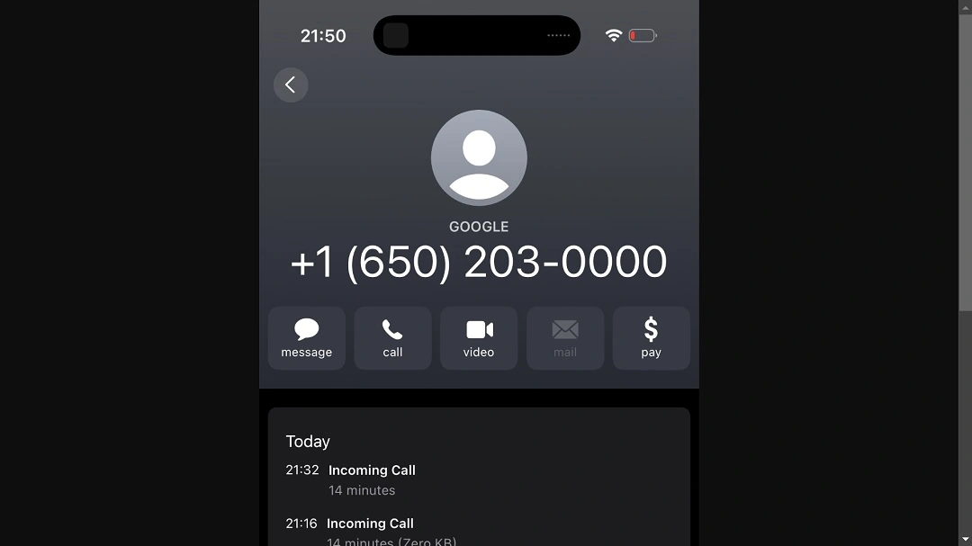 A screenshot of the call that Zach Latta, founder of the Hack Club, received. The ID and number belong to Google.