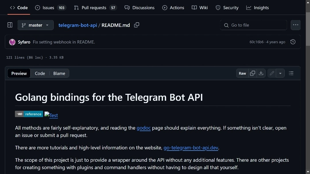 Screenshot of GitHub resource open-source to bind Telegram bots using Go.