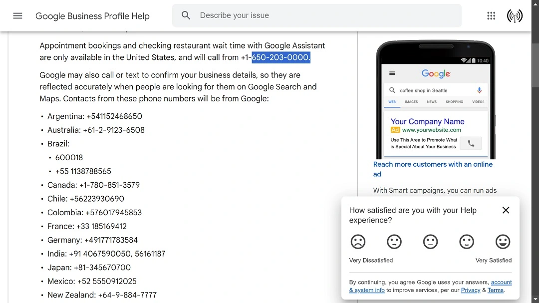 Screenshot of an official Google Assistant support page listing a number that was used by cybercriminals in a phishing scam.