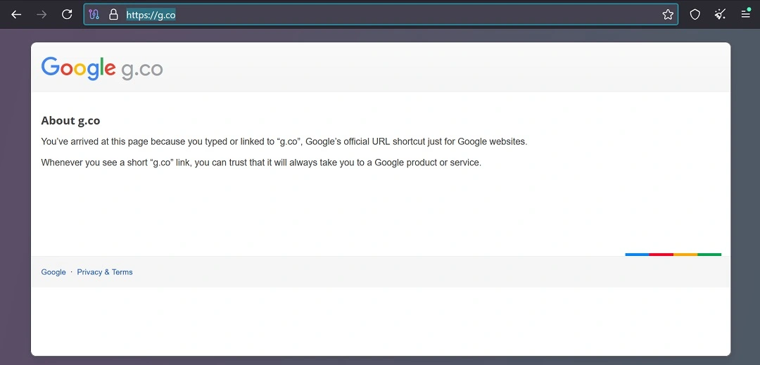A screenshot of a screen showing "About g.co."