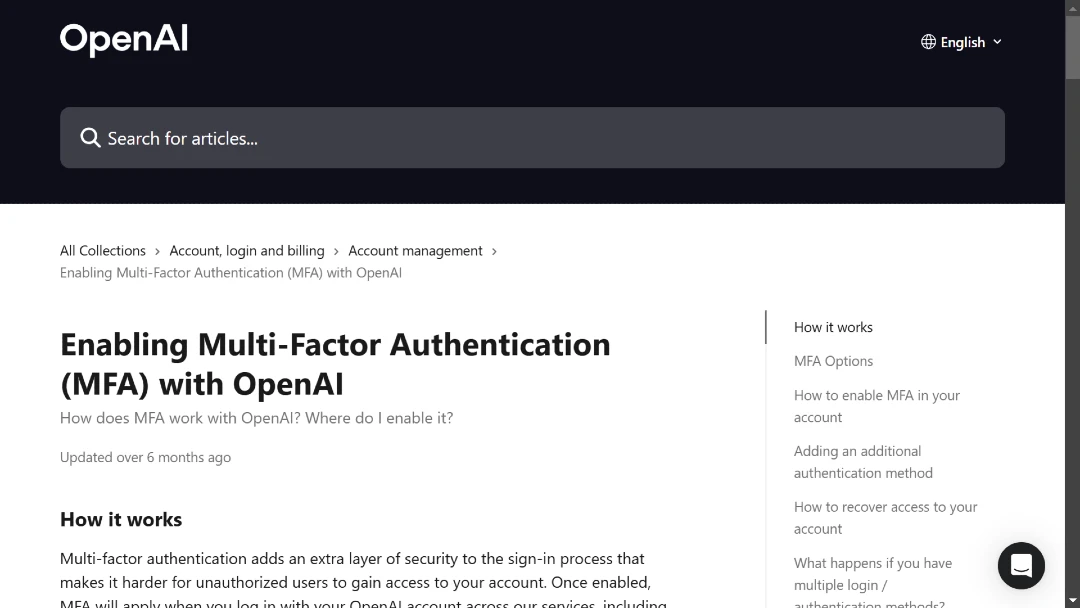 Screenshot of the OpenAI official support page explaining how users can add MFA to strengthen account security.