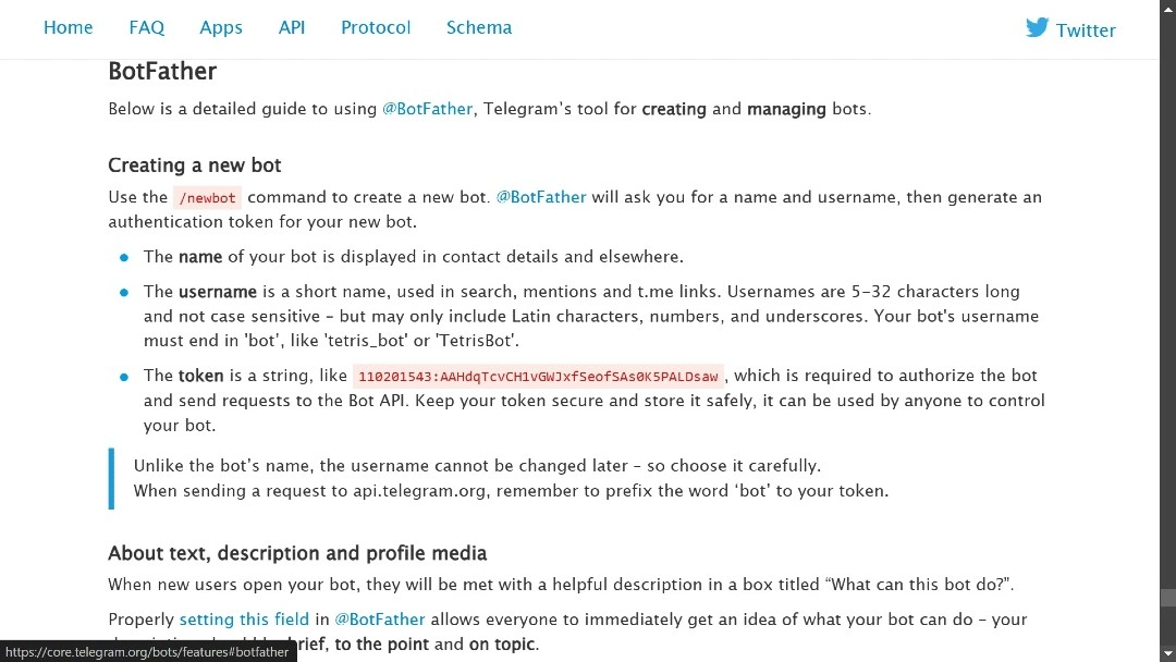 Screenshot of the official Telegram developers' guide on BotFather, which generates a token that cybercriminals need to create new bots.