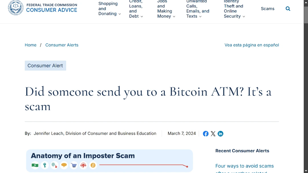 A screenshot of an article from the Federal Trade Commission on ATM crypto scams.