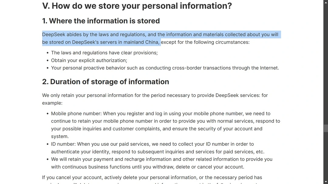 An image of DeepSeek's user document privacy policy.