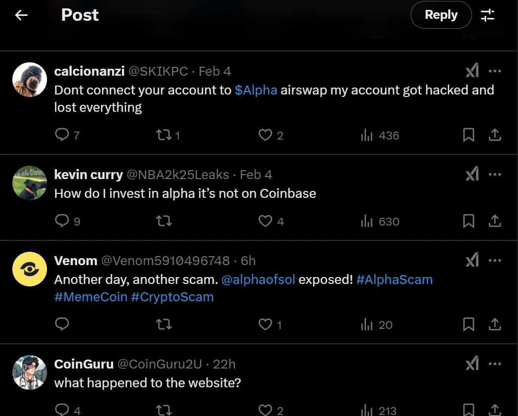 Screenshot of X (formerly Twitter) users warning about the ALPHA cyrpto scam.