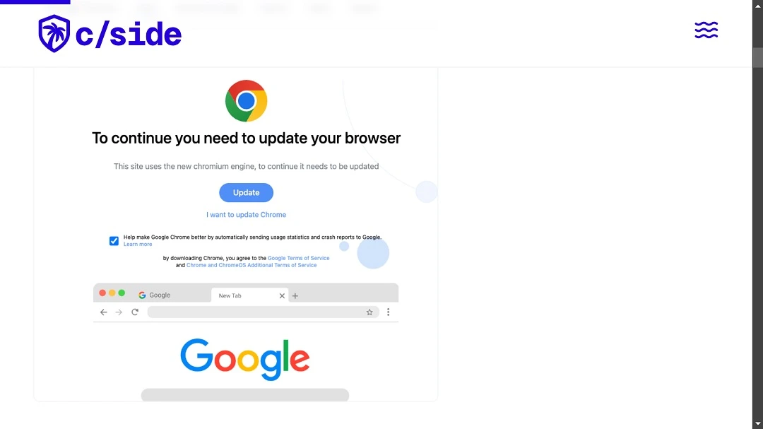 A screenshot of the Google Chrome update site identified by c/side.