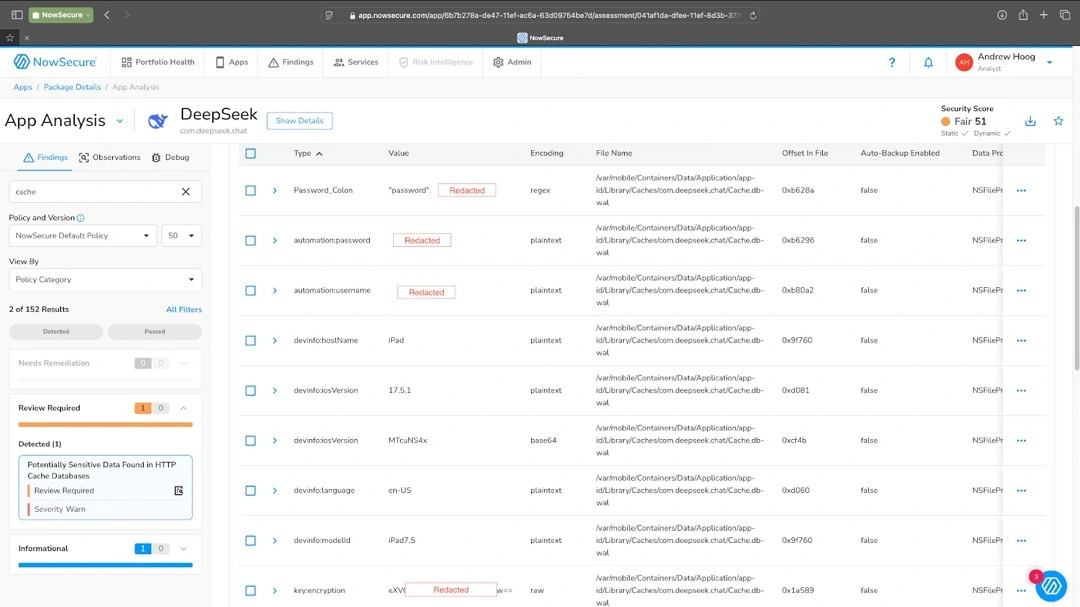 A screenshot of the NowSecure analysis of DeepSeek.