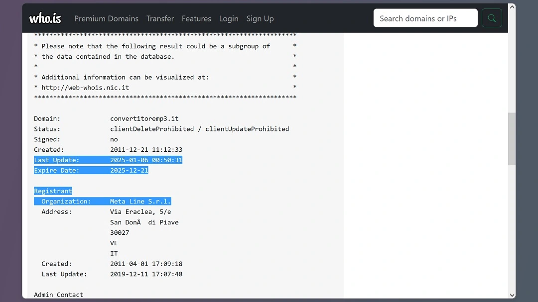 Screenshot of the WHOIS data for "Convertitore MP3."