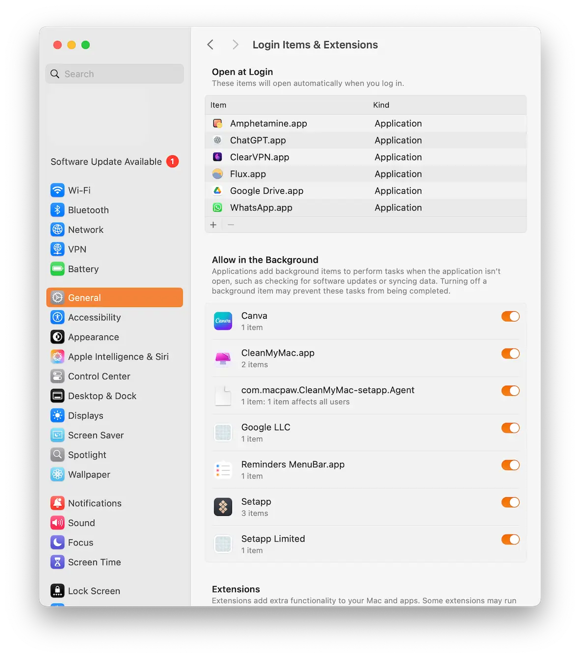 A screenshot of the Login Items & Extensions page in macOS Settings.