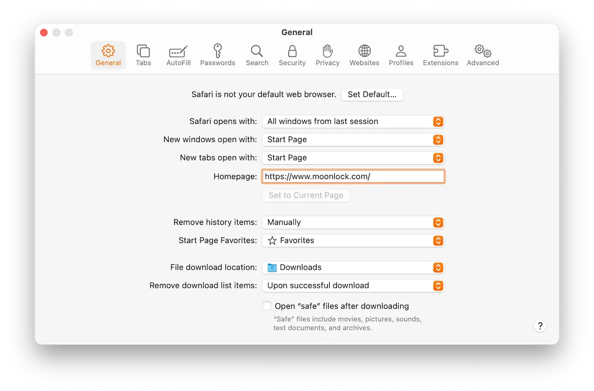 A screenshot of the General page in Safari's Settings.