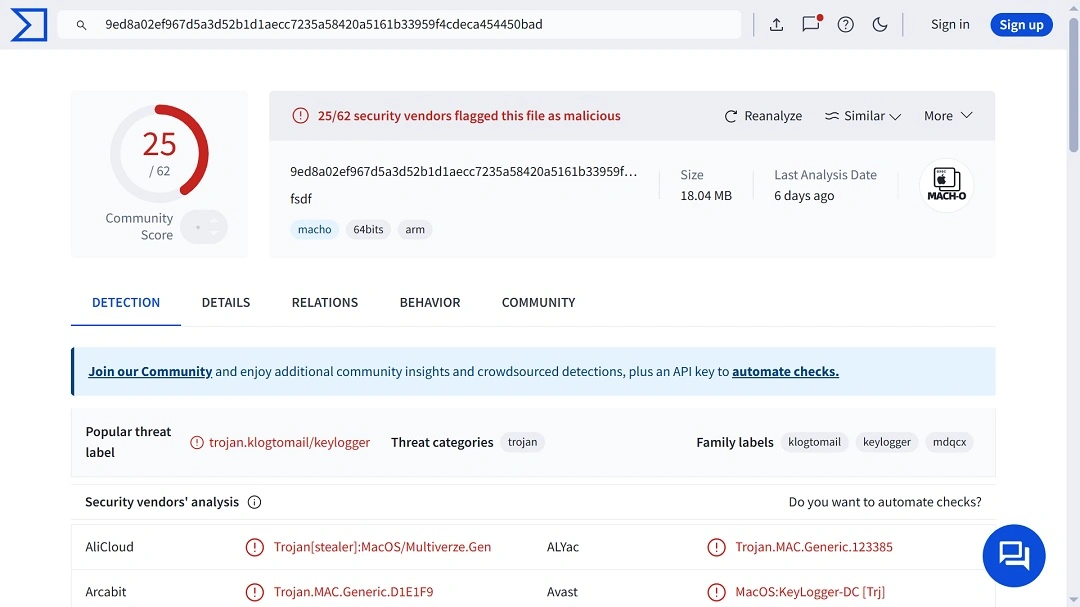 A screenshot of the malware sample being flagged on VirusTotal as a trojan, a Python stealer, and more.