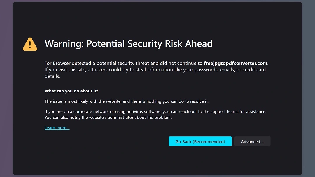 Screenshot of a browser warning for a security risk ahead.