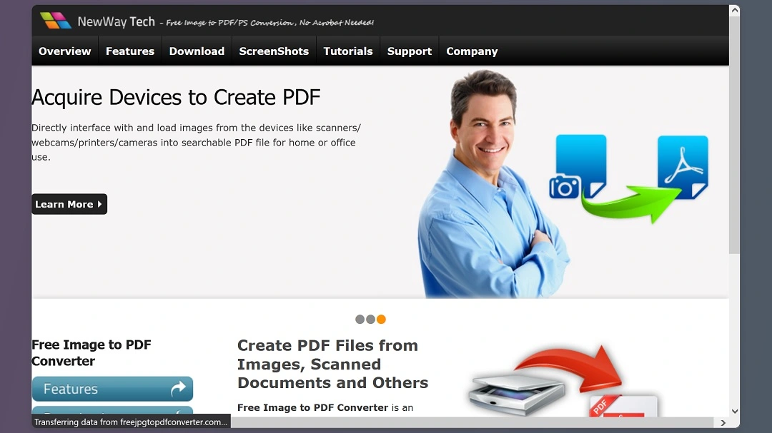 A screenshot of a site offering PDF conversion but linked to malicious actions.