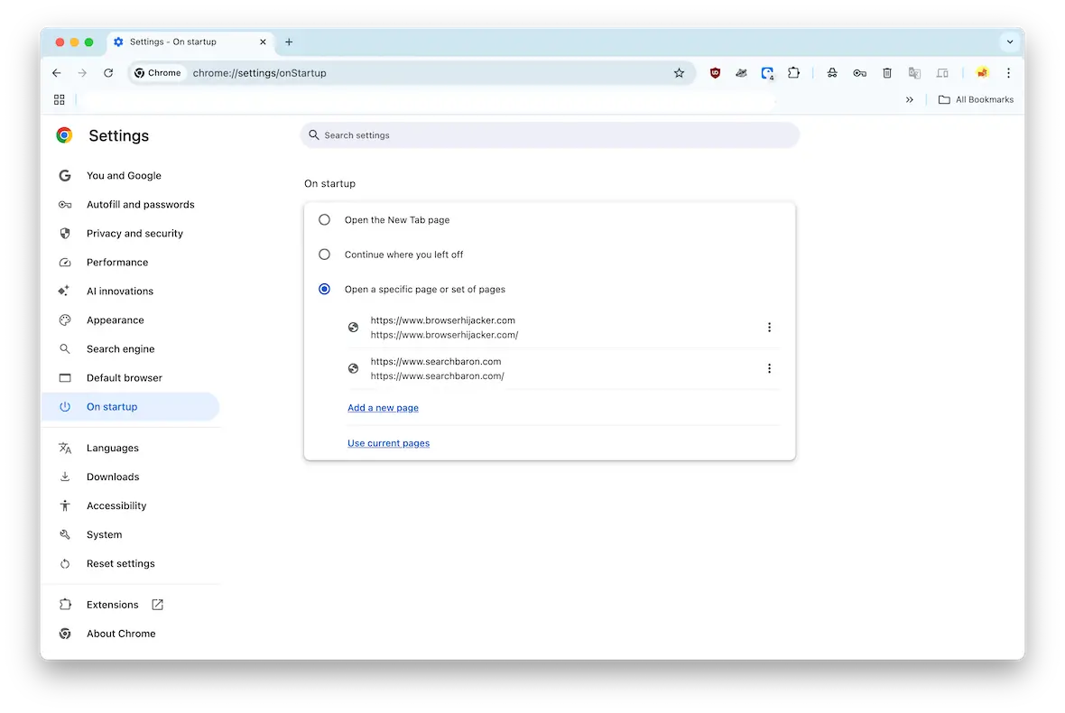 A screenshot of the "On startup" page in Google Chrome settings.