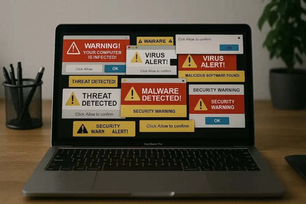 A photo of a MacBook featuring malicious pop-up ads.