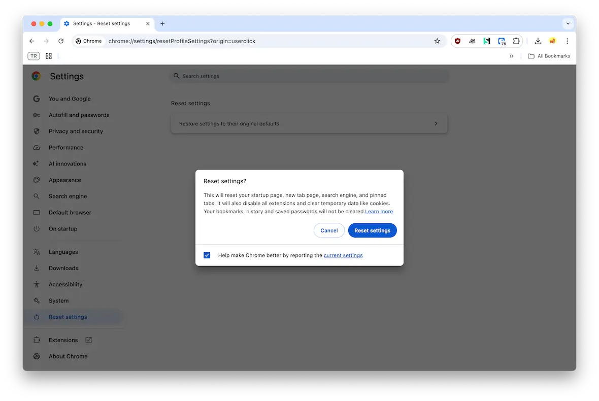 A screenshot of a pop-up box in Google Chrome, asking to confirm a settings reset.