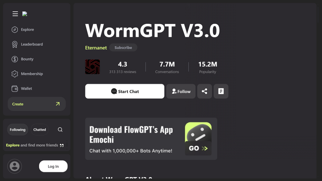 Screenshot of WormGPT V3.0 offered in the public internet.