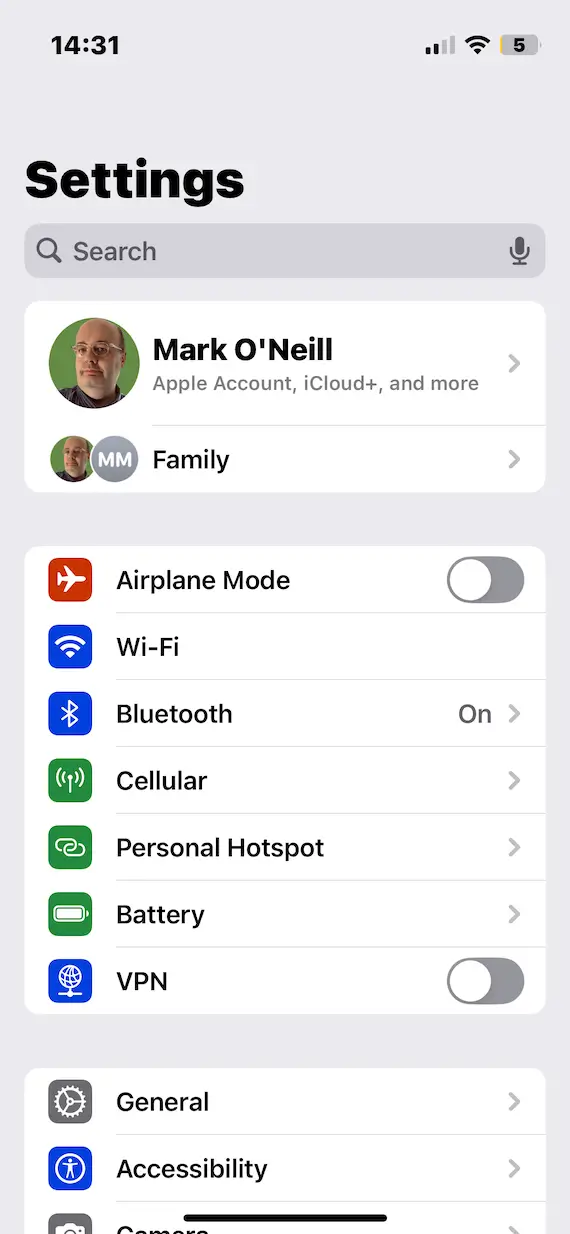 iOS settings main screen