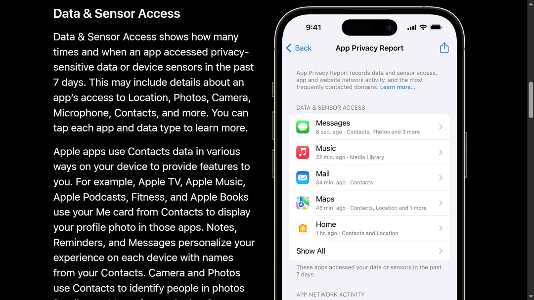 Screenshot iPhone privacy monitoring official site.