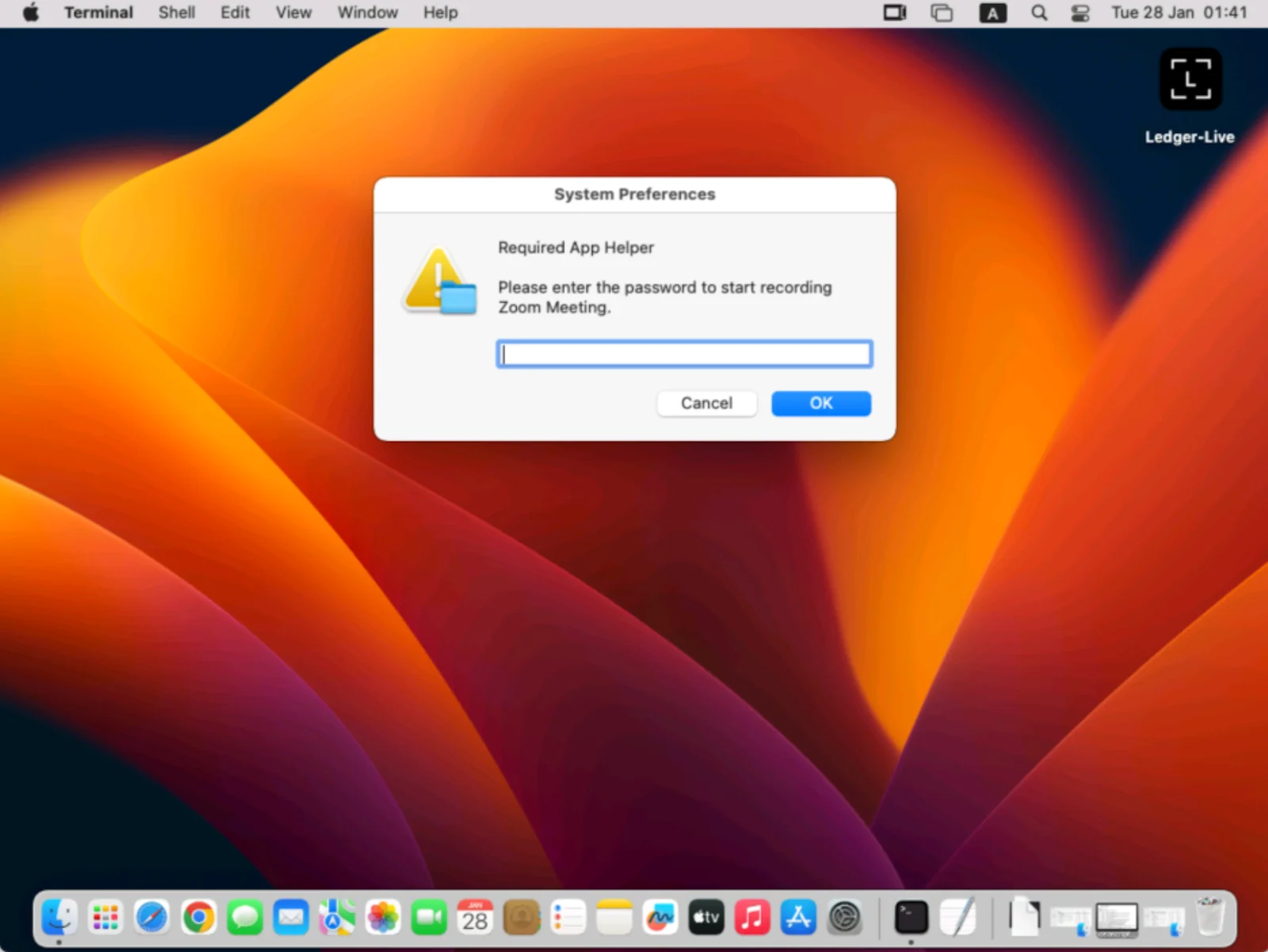 A screenshot of macOS showing a pop-up engineered to trick users into entering their system password.