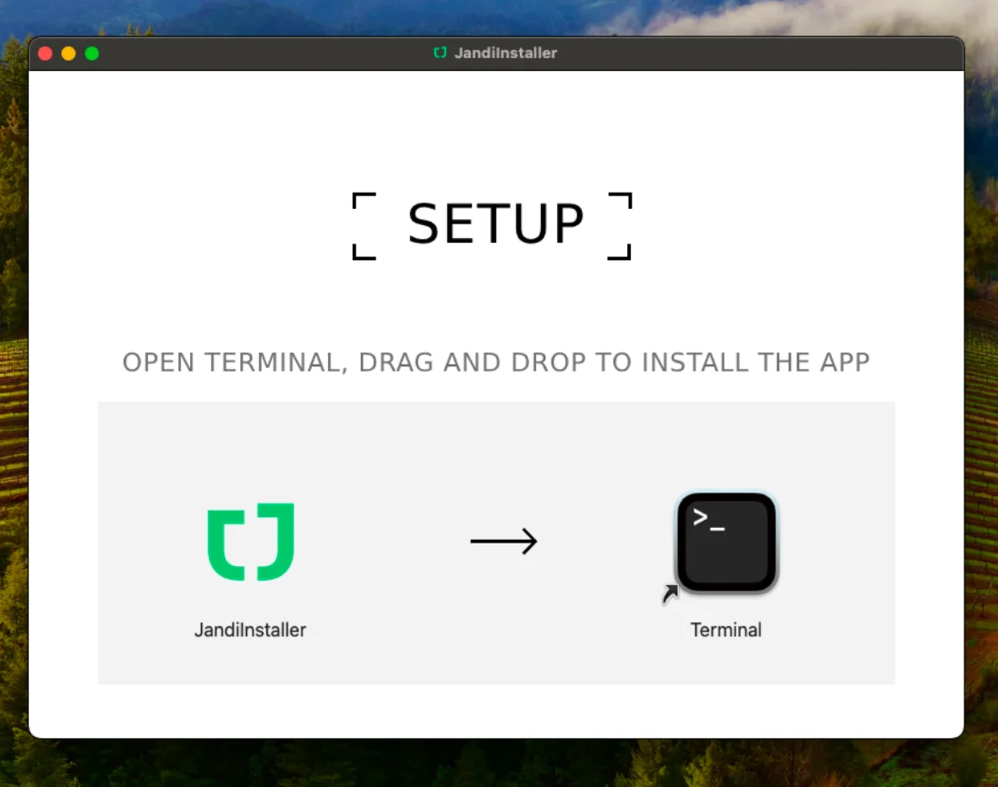 A screenshot of macOS showing the JandiInstaller Setup with instructions to "Open terminal, drag and drop to install the app."