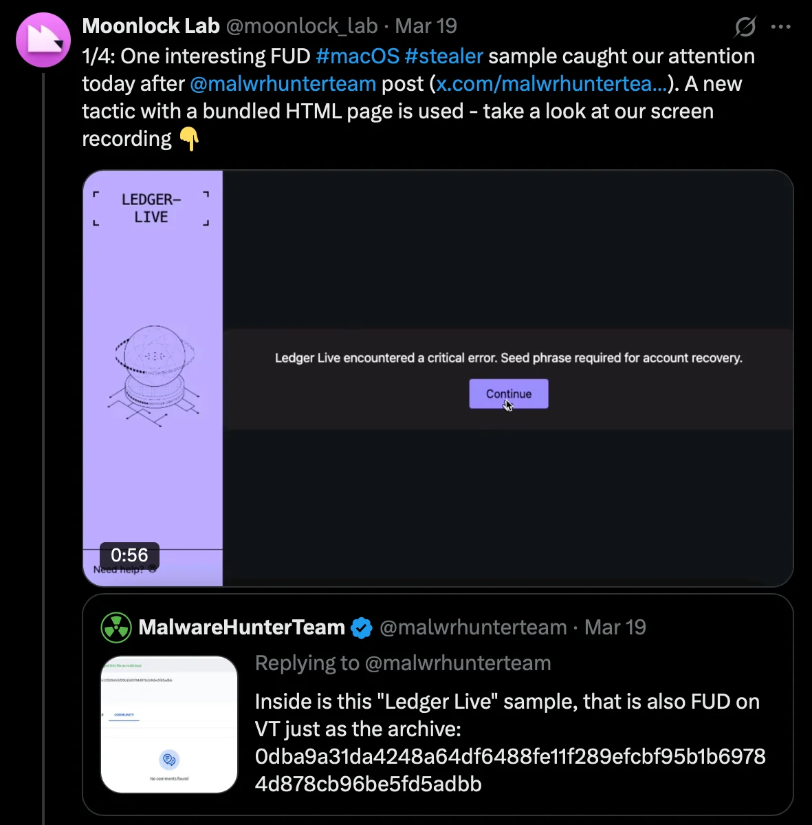 A screenshot of a Moonlock Lab tweet about Ledger Live.