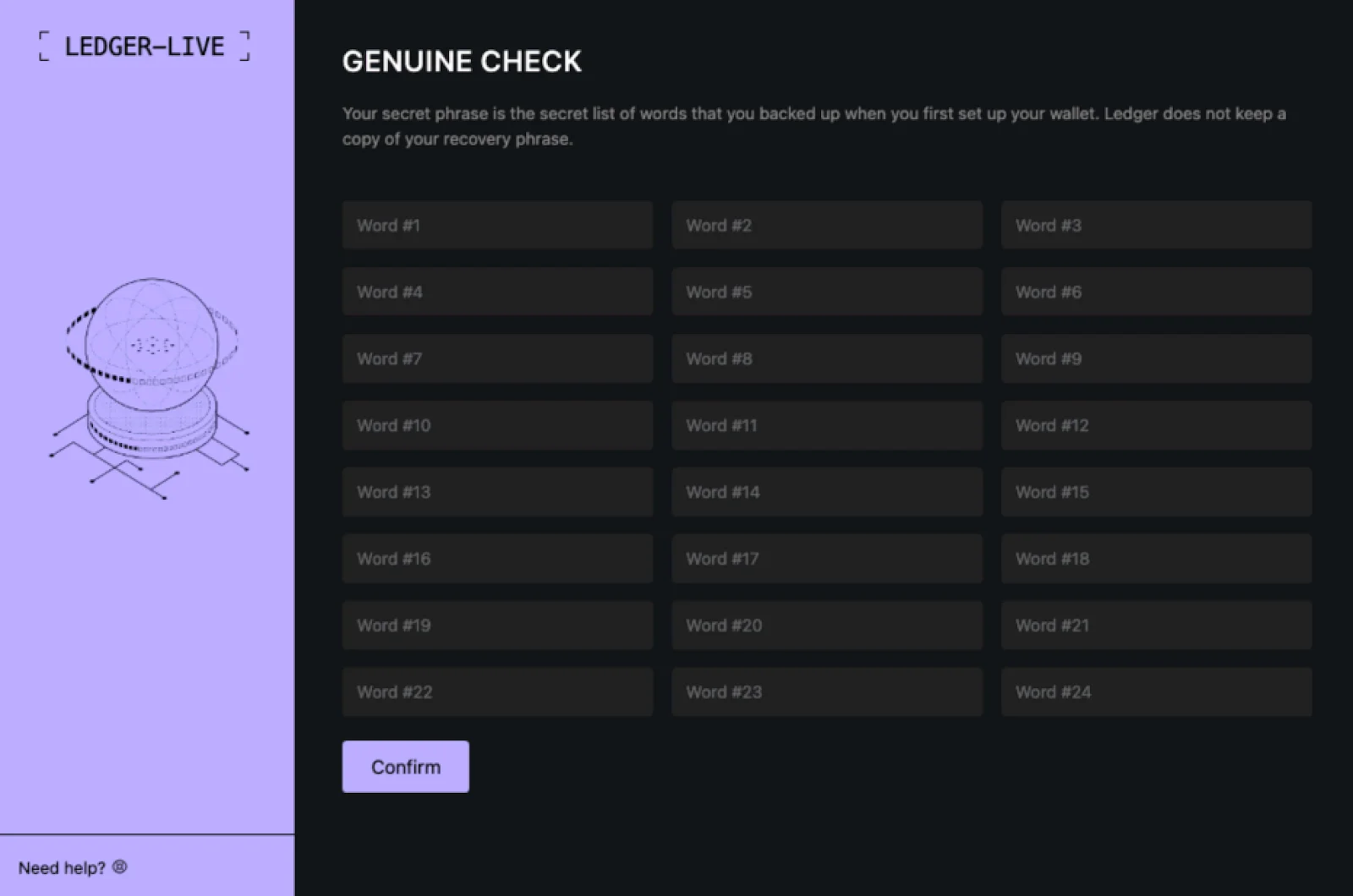 An image of Ledger Live showing the "Genuine Check" screen.
