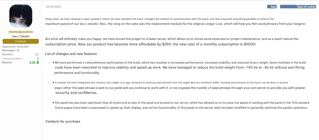 A screenshot of a post on a dark web forum by user mentalpositive, advertising that their malware now includes an "anti-Ledger" feature.
