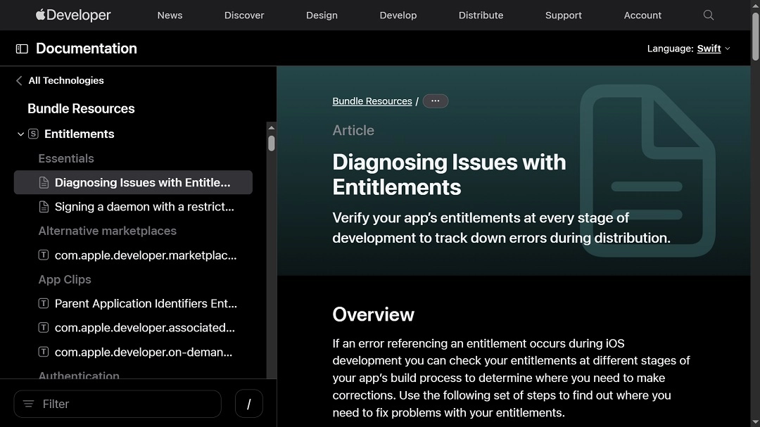 Screenshot of the Apple developers' guide on entitlements.