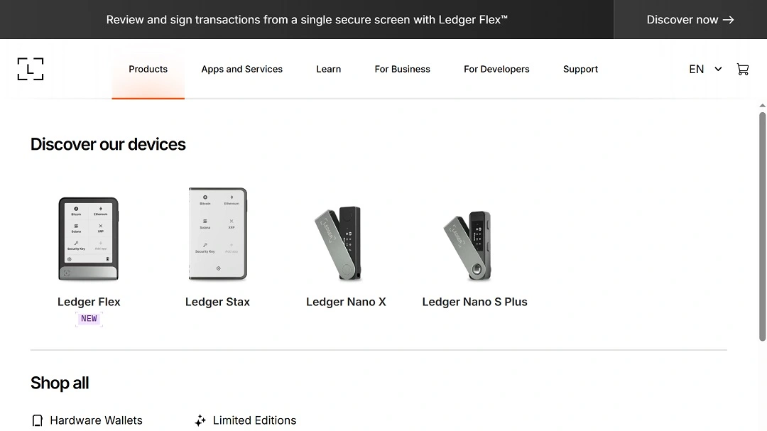 A screenshot of the official website of Ledger Live showing hardware cold wallet products.