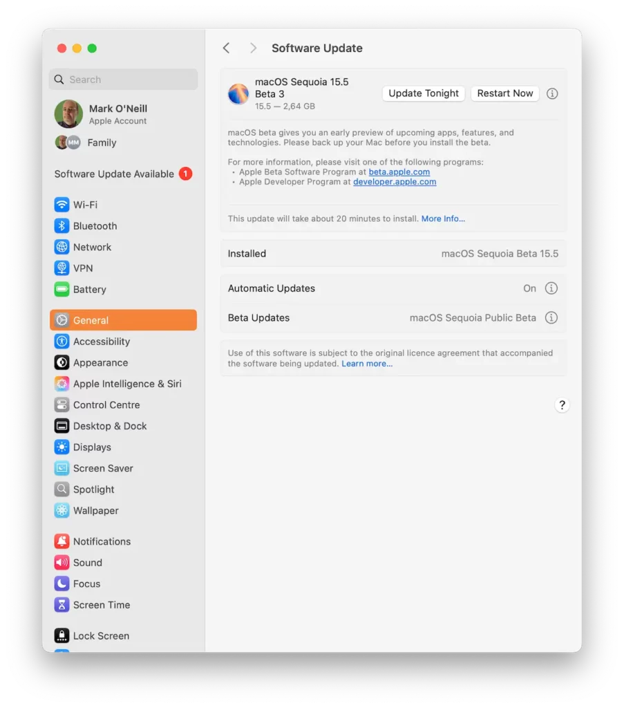 Mac update in MacOS settings