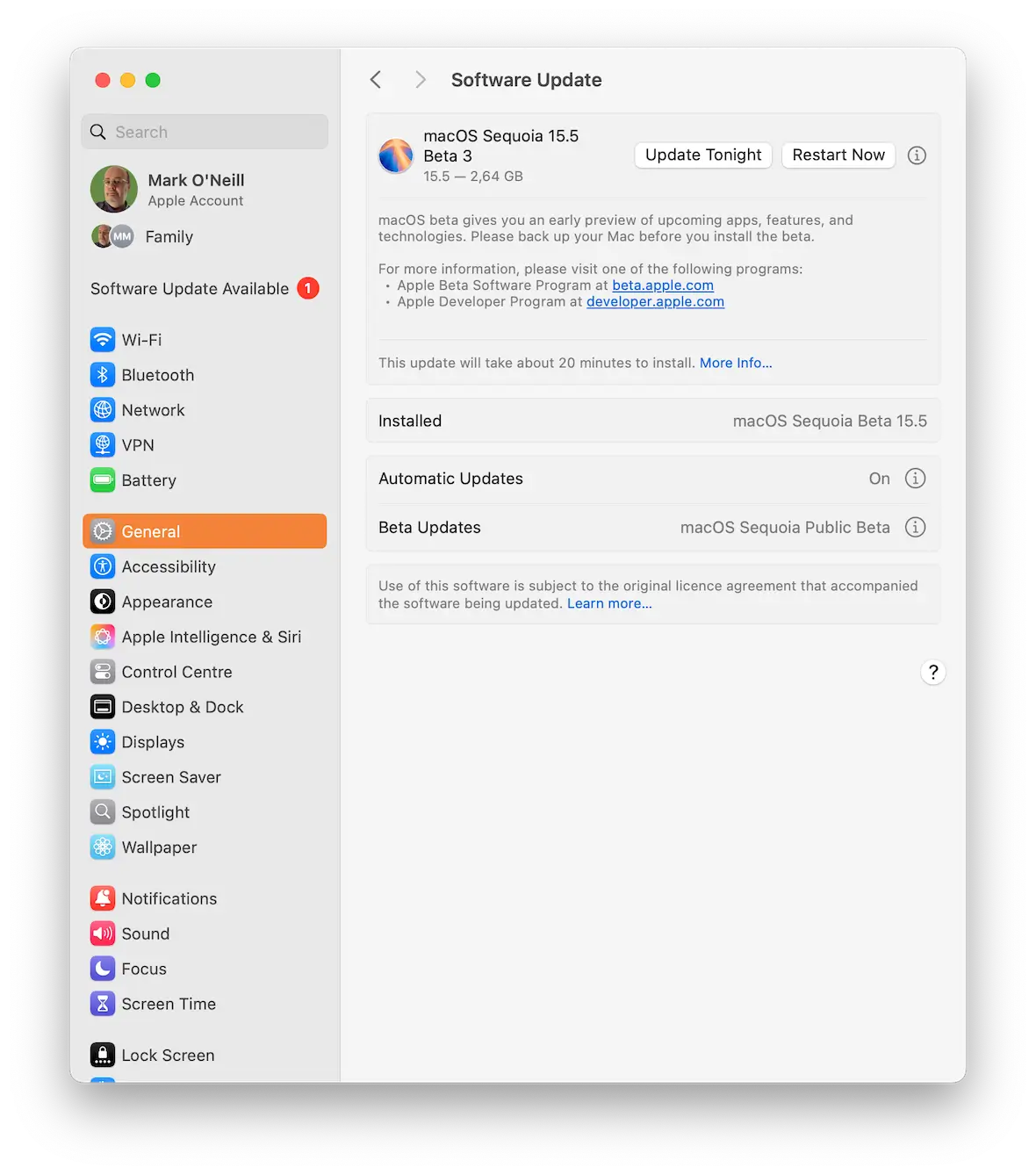A screenshot of the software update screen in macOS Settings.