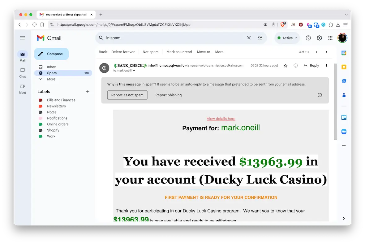 A screenshot of a Gmail account showing an example of a phishing email.